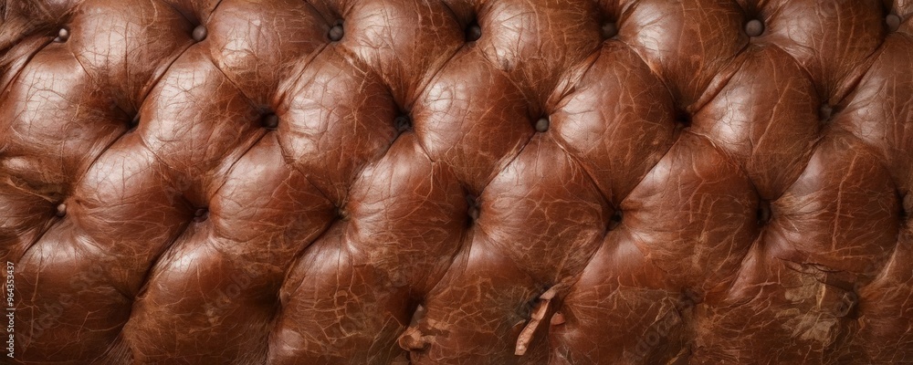 Poster a close-up view of a brown leather surface with a distinctive tufted pattern, featuring a mix of wor