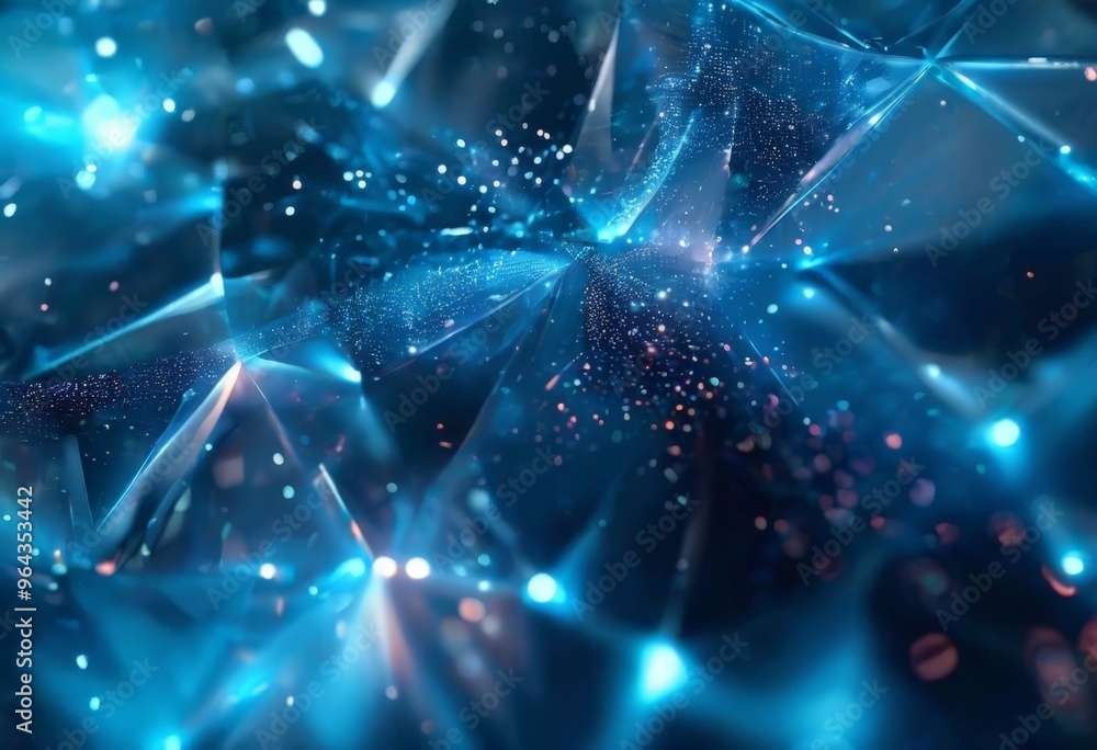 Poster a digital art piece featuring a complex, abstract pattern of blue and white lights and particles, cr