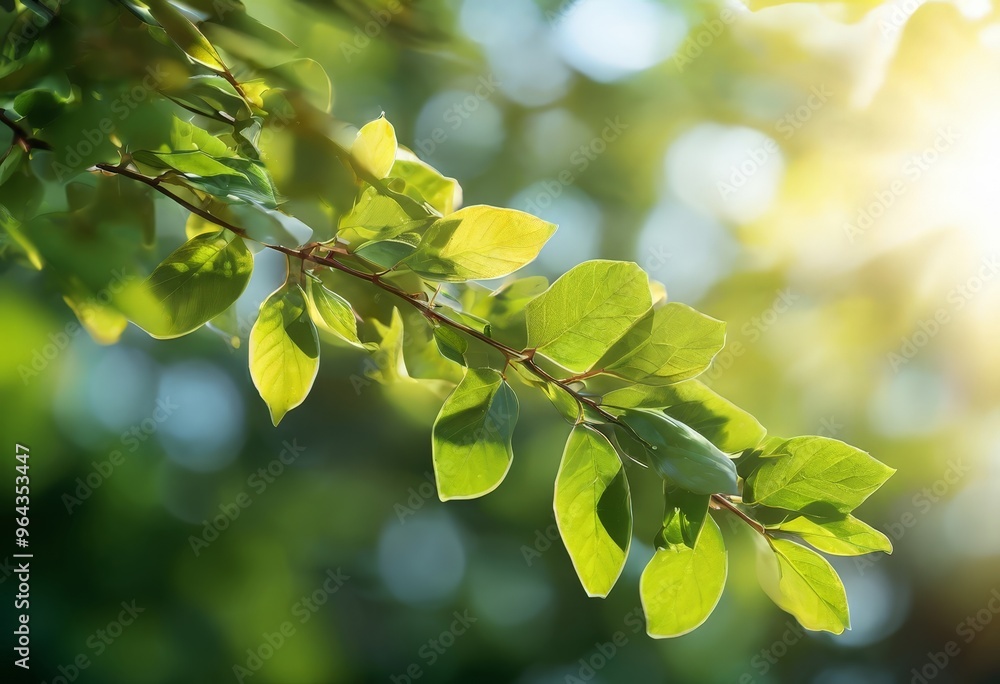 Poster a close-up view of a branch with green leaves, bathed in sunlight, creating a serene and tranquil at