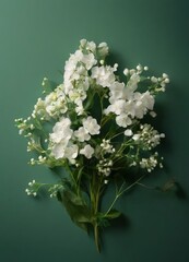 A bouquet of white flowers with small buds and green leaves is arranged against a dark green background.