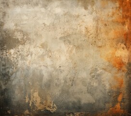 a textured, aged wall with a mix of light and dark colors, including a faded orange and a muted gray. The wall appears to be made of concrete or stone, with visible cracks and peeling paint.