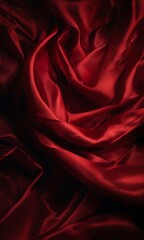a close-up view of a red satin fabric, with the fabric appearing to be crumpled and flowing, creating a sense of movement and texture.