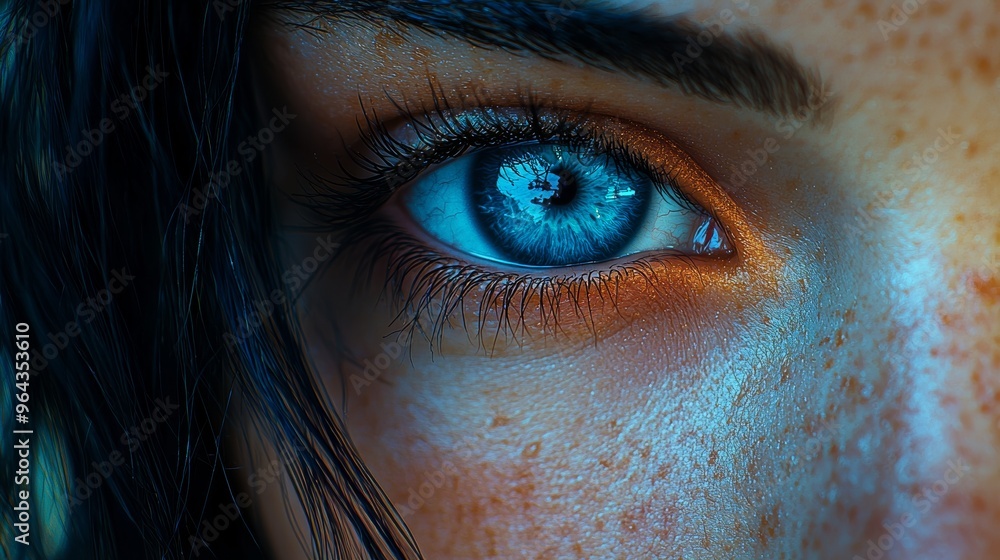 Poster a close-up of a striking blue eye with intricate patterns and freckles on the face, illuminated by n