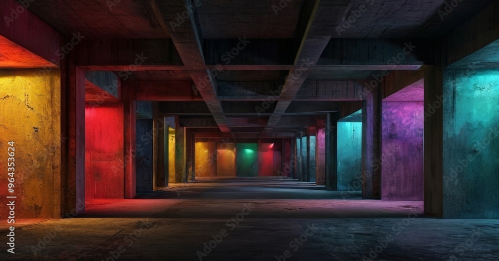 Aufkleber a long, dimly lit corridor with concrete walls and columns, illuminated by a series of colorful ligh