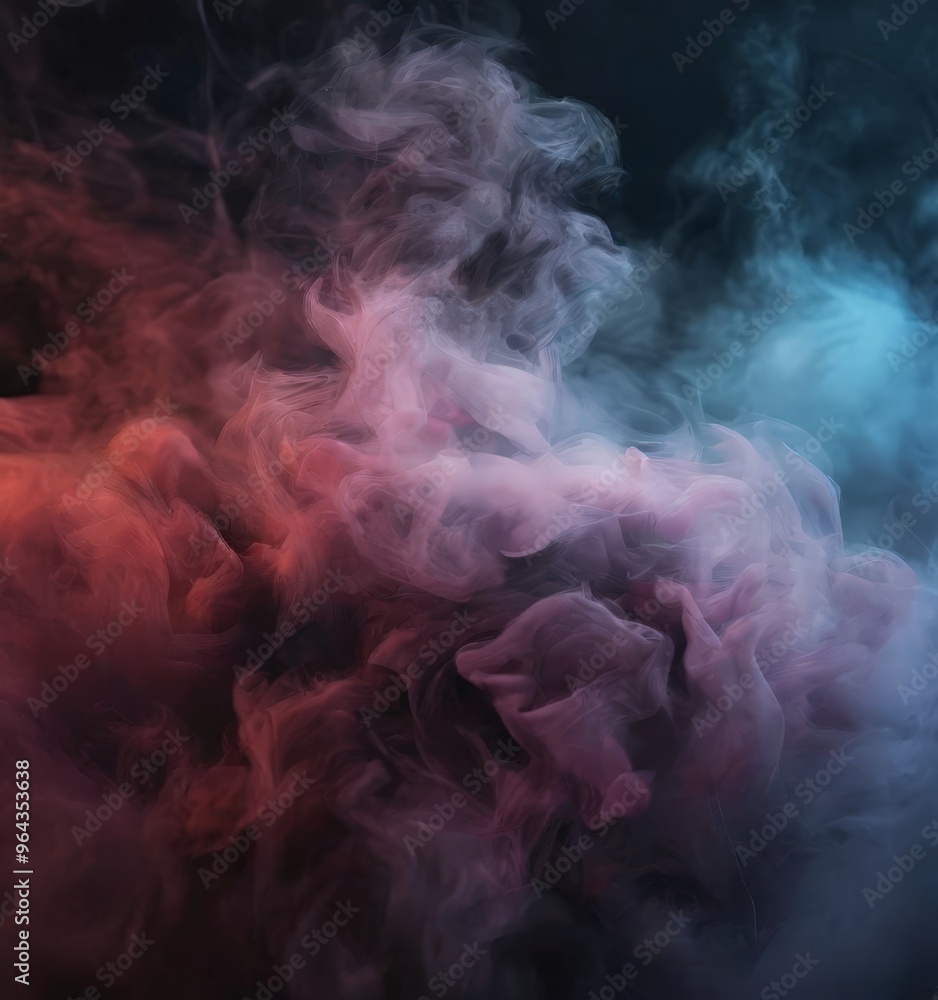 Poster swirling pattern of pink and blue smoke against a dark background, creating a and ethereal visual ef
