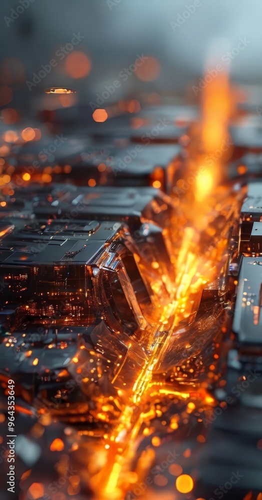 Aufkleber a futuristic cityscape with a network of glowing, metallic structures and a vibrant, fiery glow eman