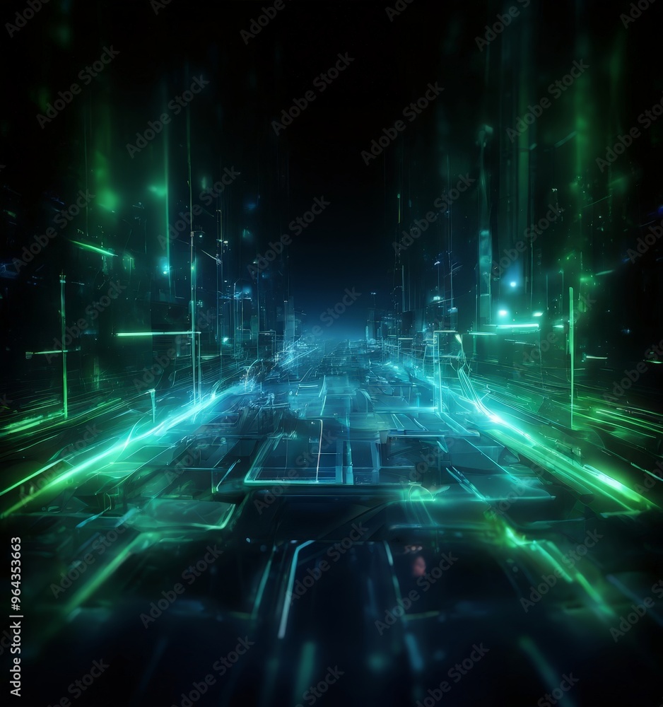 Poster futuristic cityscape, characterized by a network of glowing lines and structures, creating a sense o