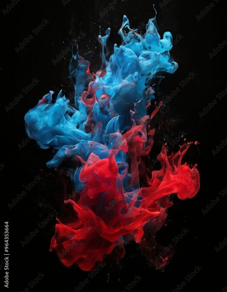Poster a swirling, abstract pattern of blue and red ink or paint, creating a dynamic and visually striking 