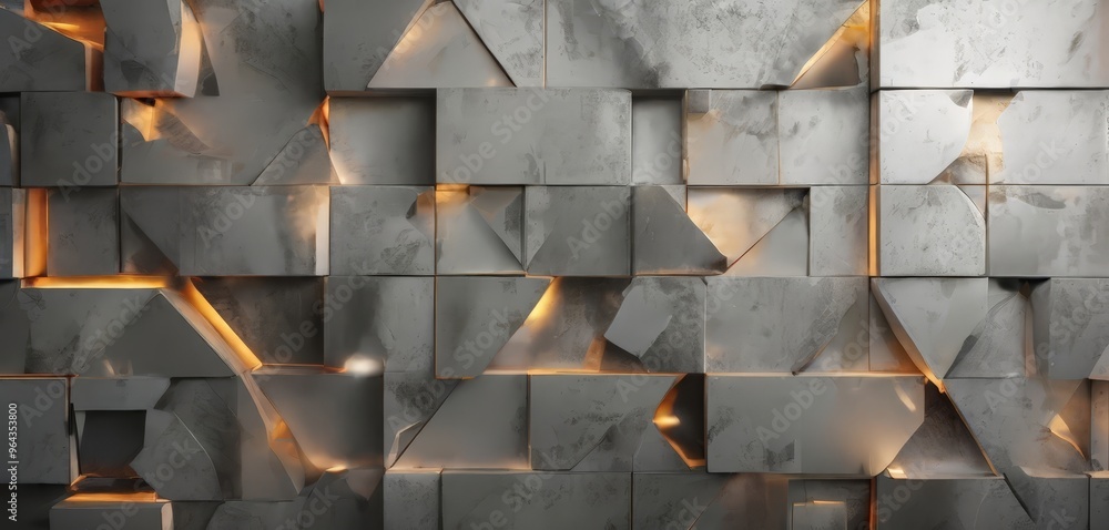 Poster a a wall composed of numerous gray cubes arranged in a grid-like pattern, with some cubes illuminate