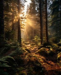 Fototapeta premium Sunlight filters through the trees, casting a warm glow on the forest floor and creating a serene atmosphere.