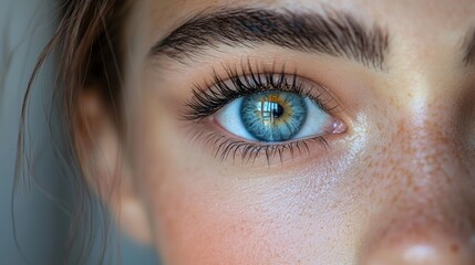 Obraz premium A close-up view of a young person's striking blue eye showcasing intricate details and natural beauty in soft lighting