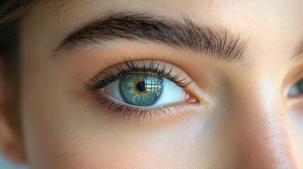 Fototapeta premium Close-up of a young woman's striking blue-green eye highlighting natural beauty and unique features in soft lighting