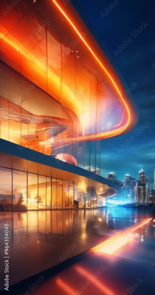 Aufkleber a modern architectural structure with a curved roof and large glass windows, illuminated by a vibran