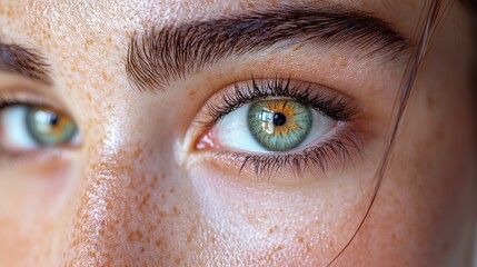 Fototapeta premium Close-up of a person’s striking green and amber eye with freckles surrounding the delicate features in soft natural lighting