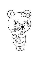 Coloring page. Cute girl bear is hugging bouquet of flowers. Black and white bear. Vector