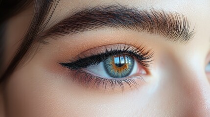 Obraz premium Close-up of a woman's striking blue eye with dramatic eyeliner and lush eyelashes, capturing intricate details in natural light