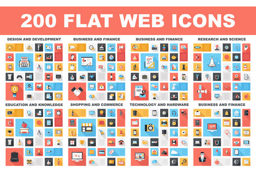 200 Flat web icons - design and development, business and finance, research and science, education and knowledge, shopping and commerce, technology and hardware