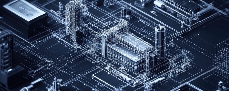 Digital architecture concept with a futuristic building design on a dark blue background, featuring intricate wireframe structures and technological elements - Powered by Adobe