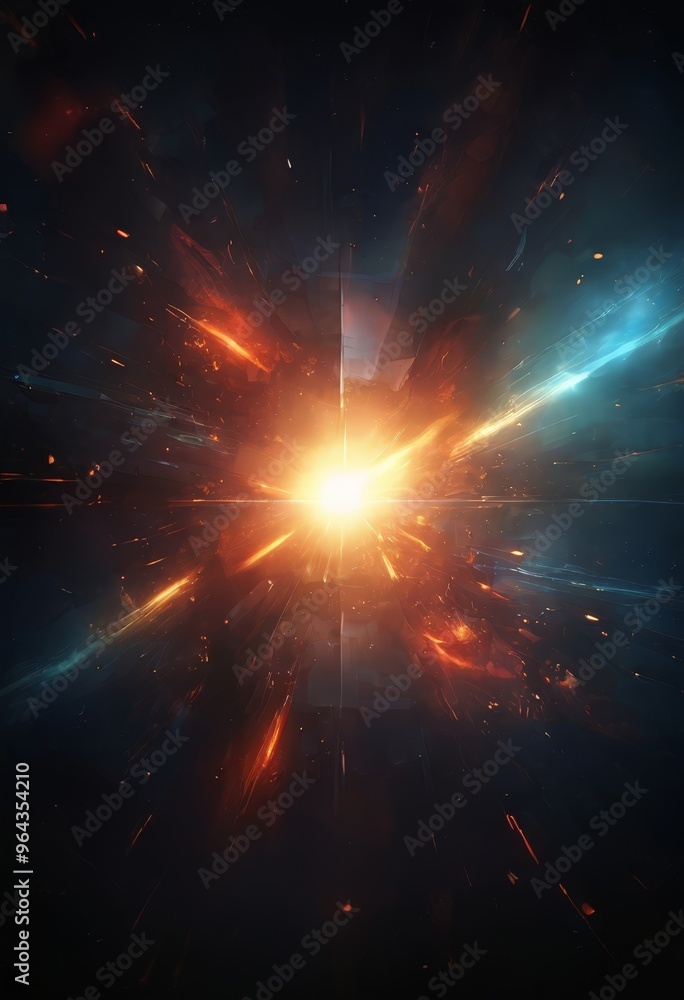 Poster a dramatic explosion with a bright, radiant center surrounded by a swirling array of fiery and glowi