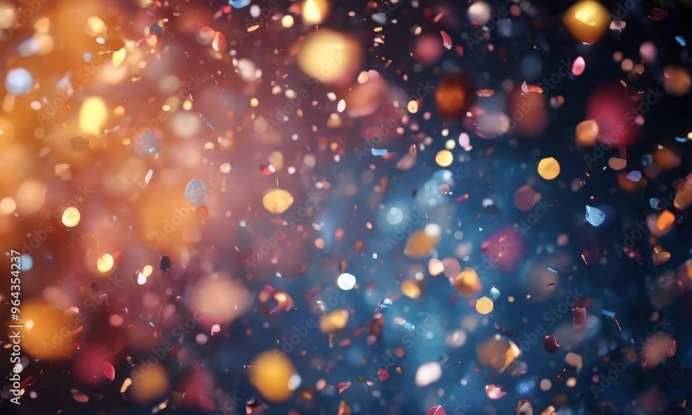 Poster a vibrant and dynamic scene of confetti falling against a dark background, creating a sense of movem