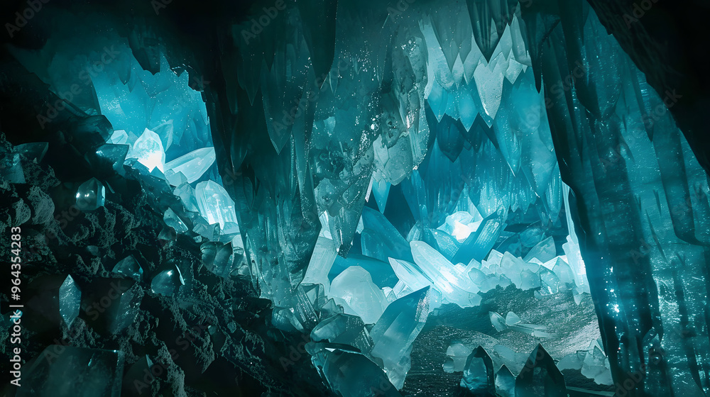Poster crystal cave system and gems acting as processors and mineral veins glowing with data transmission