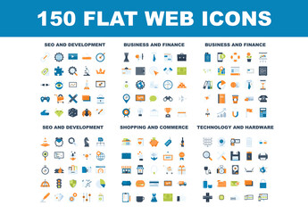 150 Flat web icons - SEO and development, business and finance, shopping and commerce, technology and hardware