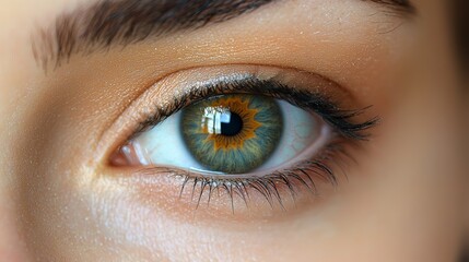 Obraz premium Close-up view of a striking green and gold human eye with detailed iris patterns illuminated by natural light