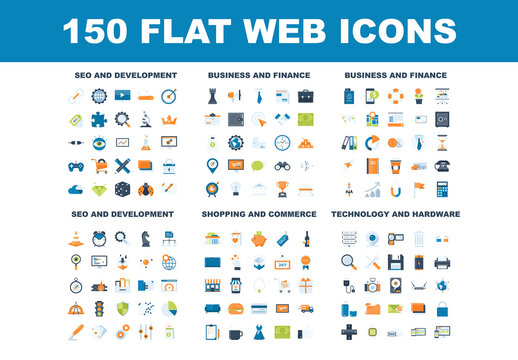 150 Flat web icons - SEO and development, business and finance, shopping and commerce, technology and hardware