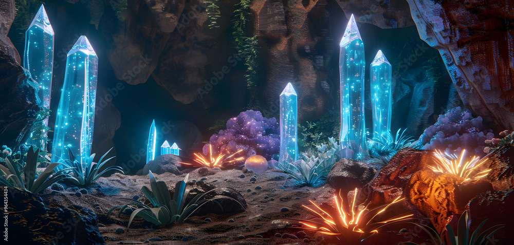 Poster crystal cave system and gems acting as processors and mineral veins glowing with data transmission