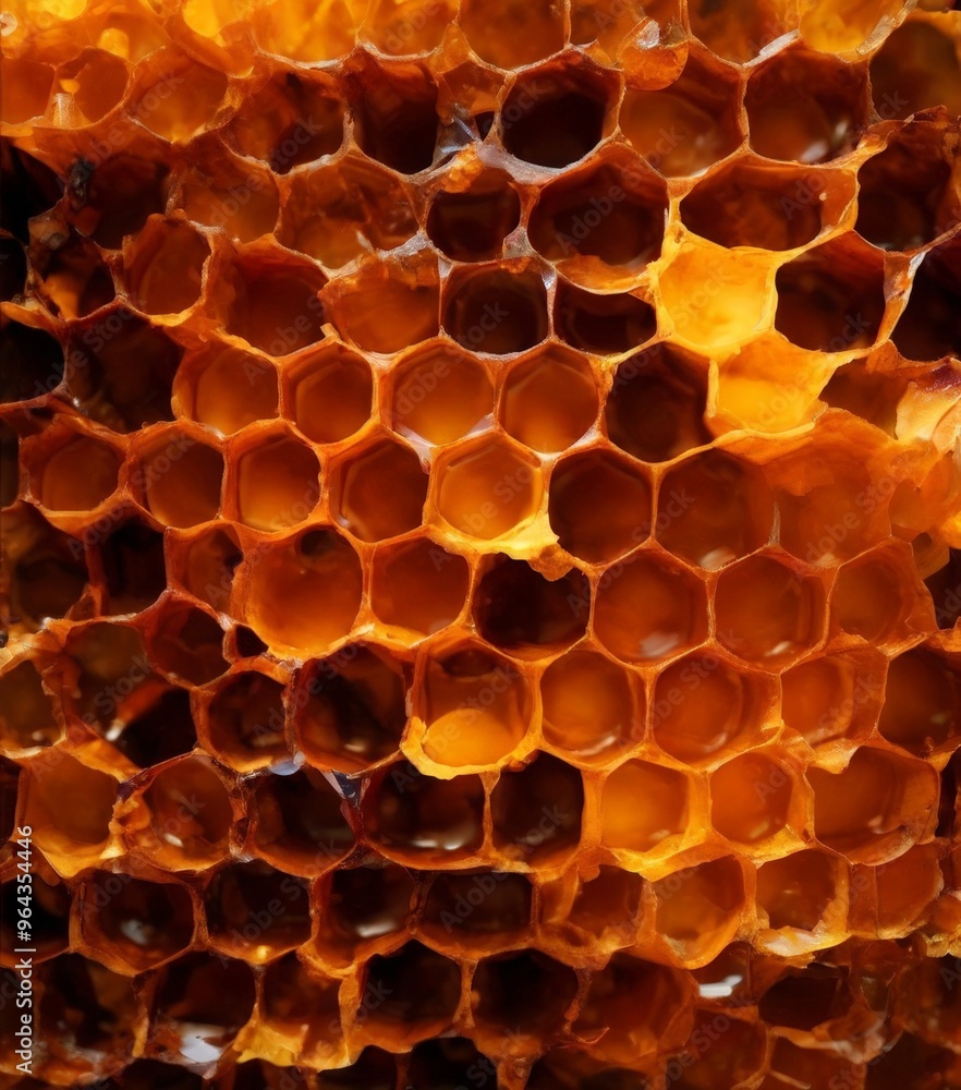 Aufkleber close-up of a honeycomb structure, showcasing the intricate hexagonal pattern and golden-brown color