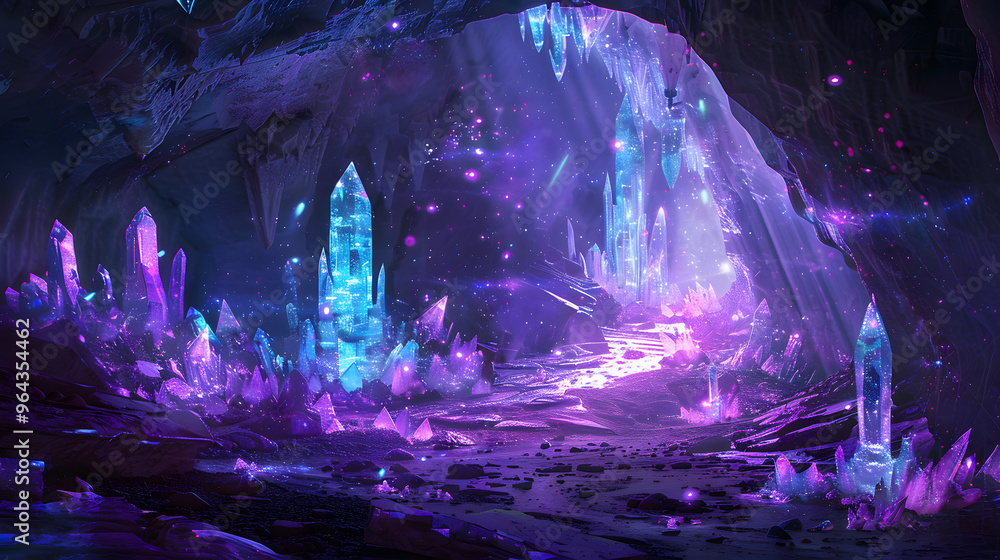 Poster crystal cave system and gems acting as processors and mineral veins glowing with data transmission