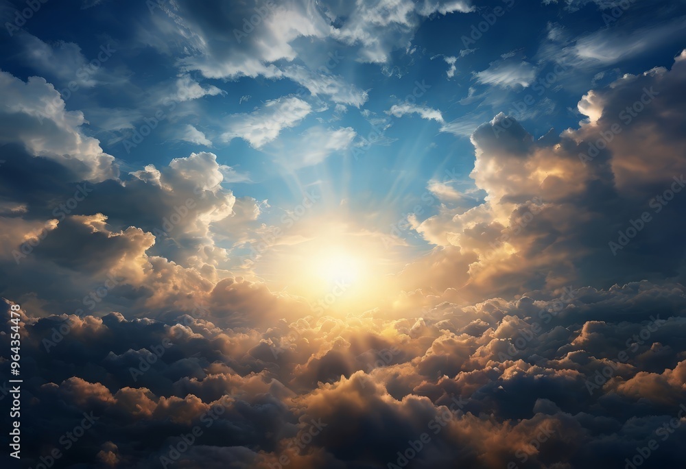 Poster a breathtaking view of a dramatic sky, with a sun peeking through the clouds, casting a warm glow an