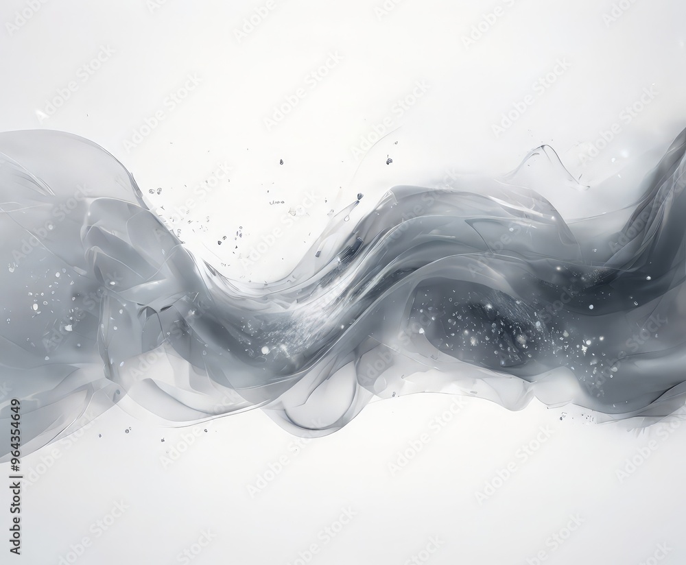 Poster dynamic, abstract representation of water, with swirling, wavy lines and small particles scattered t