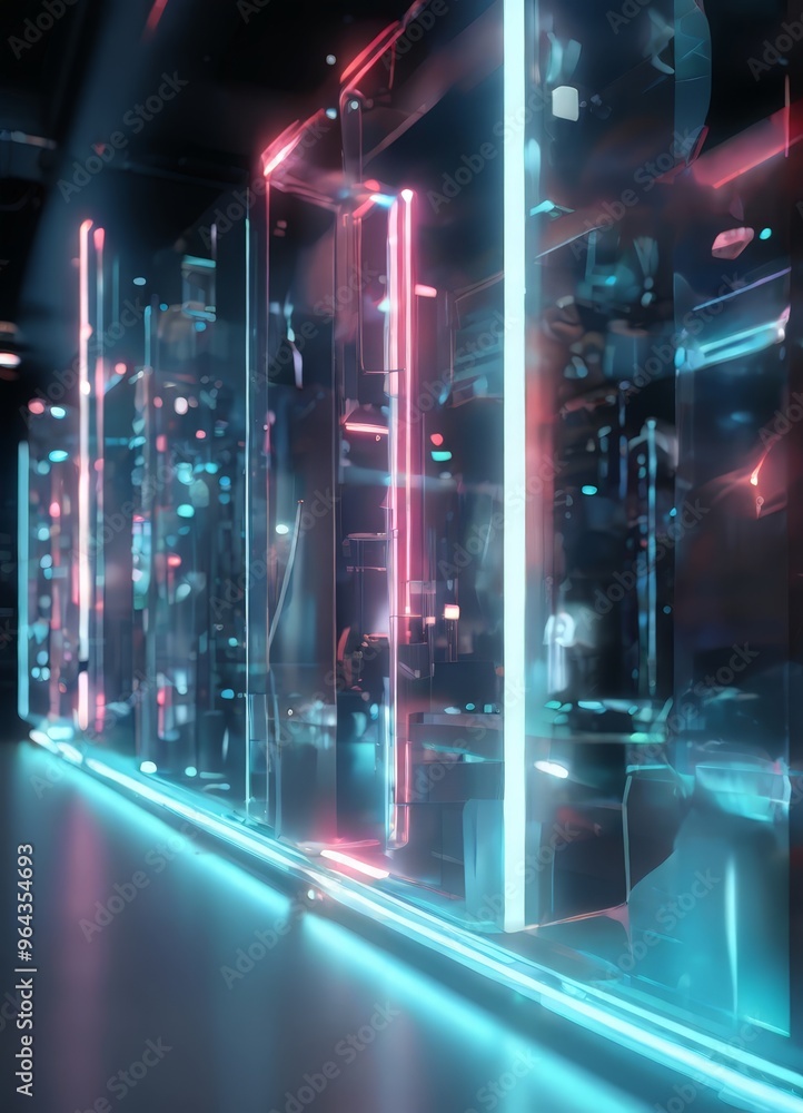 Poster a futuristic cityscape with tall, slender structures adorned with glowing neon lights, creating a vi