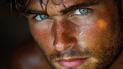 Fototapeta premium Close-up portrait of a young man with striking blue eyes and sun-kissed skin, showcasing natural beauty in soft lighting