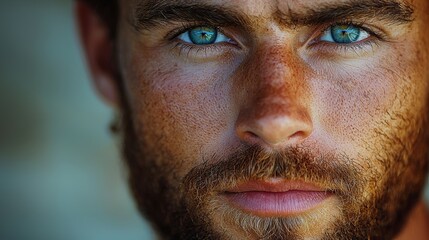 A close-up portrait of a young man with striking blue eyes and a beard, showcasing detailed facial features and textures