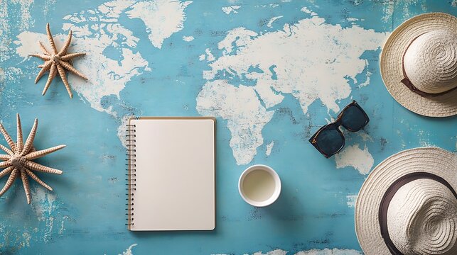 A blue table surface with a world map background is enhanced by a vintage-style flat lay of a notebook, travel accessories, and a hat.