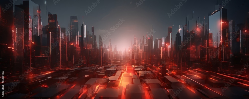 Poster a futuristic cityscape with towering skyscrapers and glowing red and orange lights, creating a sense