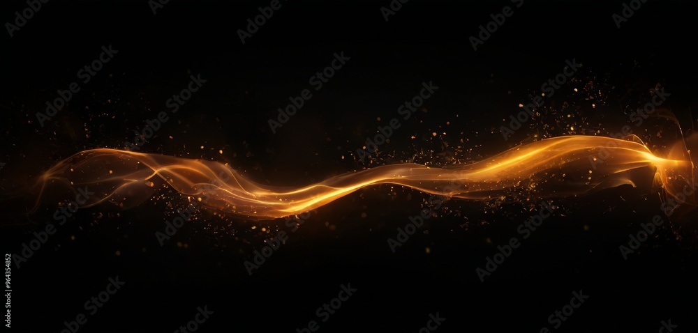 Poster a dynamic wave of golden light and particles moves across a black background, creating a mesmerizing