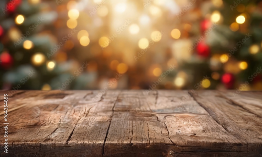 Poster christmas tree background wooden table in the foreground with a blurred background of a christmas tr