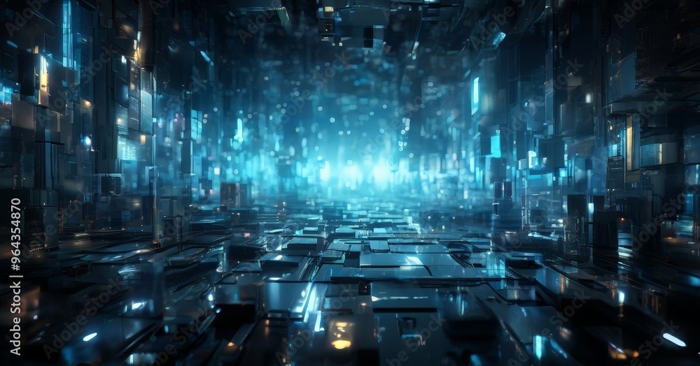 Poster futuristic cityscape, characterized by a complex network of glowing, metallic structures that appear