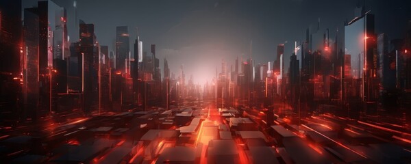 a futuristic cityscape with towering skyscrapers and glowing red and orange lights, creating a sense of depth and perspective.