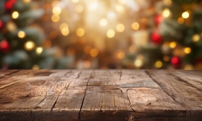 christmas tree background wooden table in the foreground with a blurred background of a Christmas tree and twinkling lights.