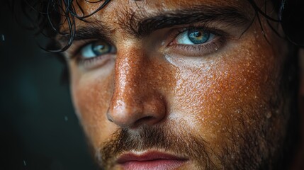 Obraz premium A close-up of a man with striking blue eyes and wet skin after rain in a natural setting during a moody afternoon