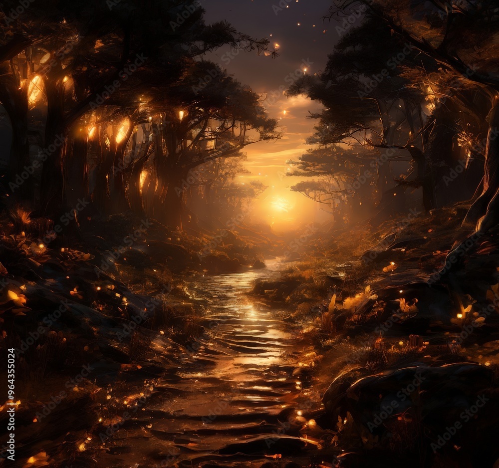Poster a glowing forest path leads through a mystical landscape, with a warm, golden glow illuminating the 