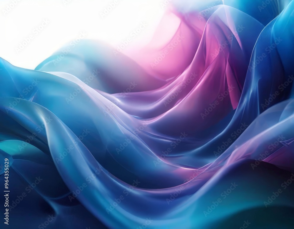 Poster dynamic, abstract representation of flowing fabric in shades of blue and pink, with a gradient effec