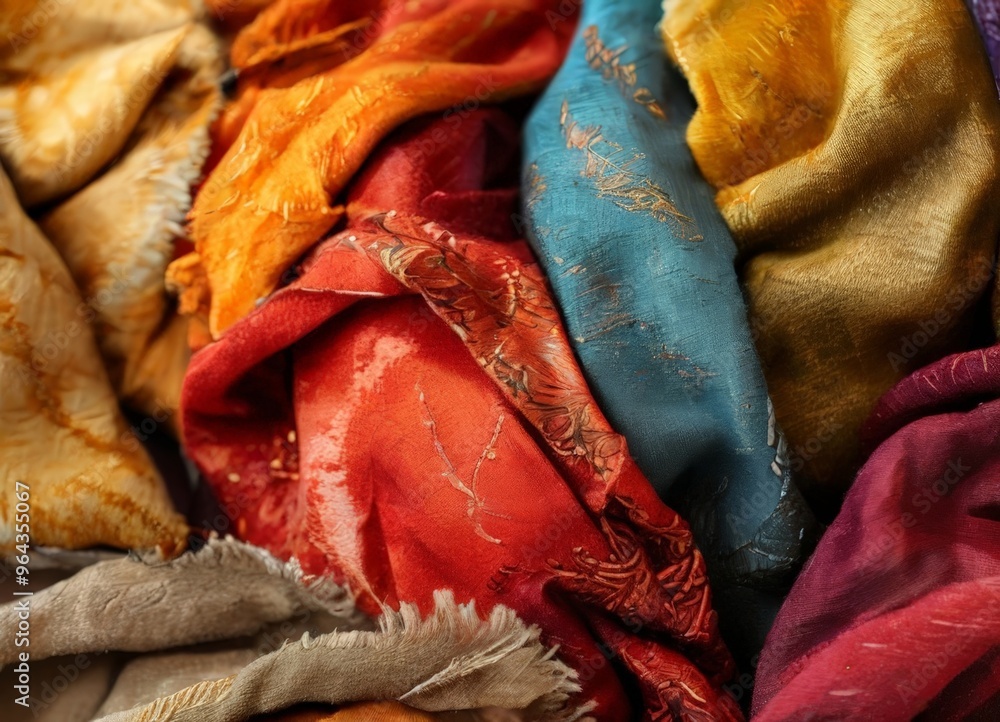 Poster a close-up view of a pile of vibrant, textured fabrics in various colors and patterns, including red