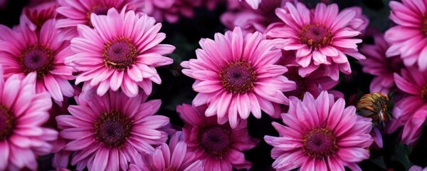 A close-up view of a cluster of pink daisy-like flowers with yellow centers, set against a dark background.