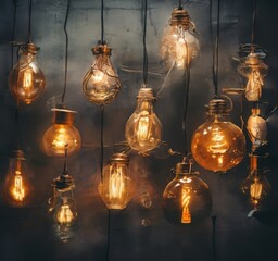Obraz premium A collection of vintage light bulbs, each with its own unique design and color, suspended from the ceiling against a dark background.