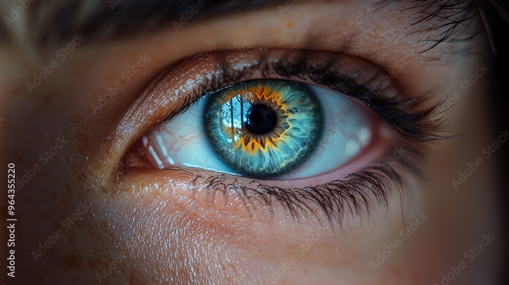 Poster close-up of a vibrant eye with striking colors highlighting intricate patterns and textures, showcas